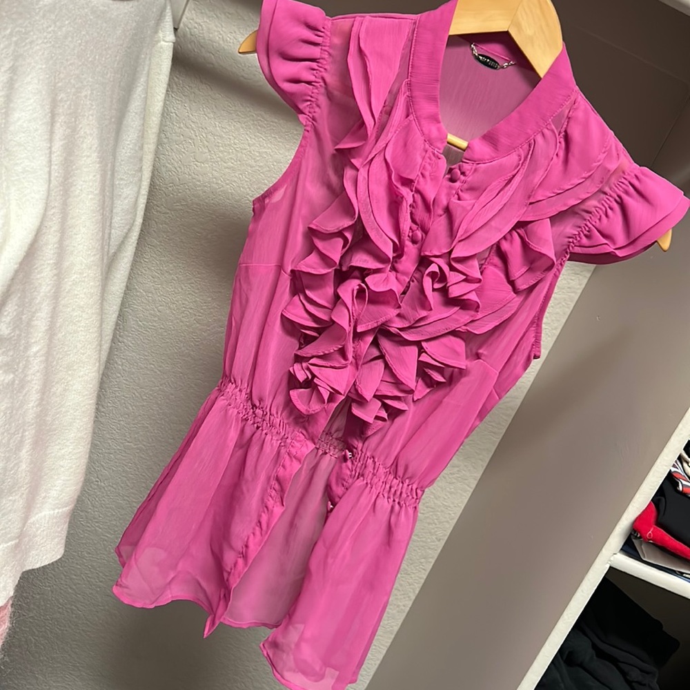 Women’s Pink Ruffle Button-Down Blouse